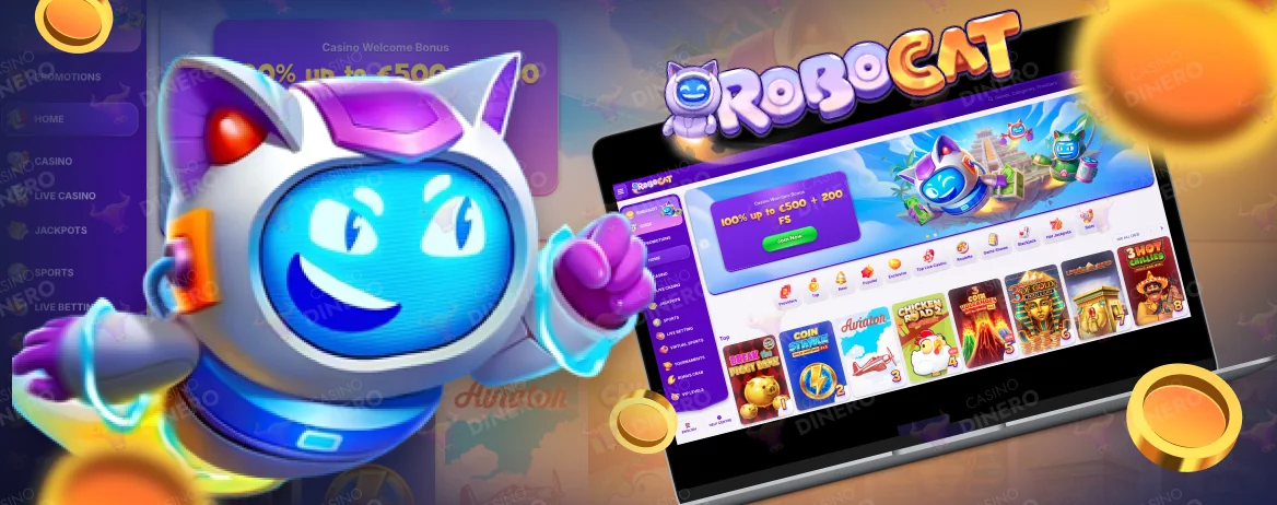 RoboCat Casino asztali verzió főképernyője a mobil verzióval való összehasonlításhoz