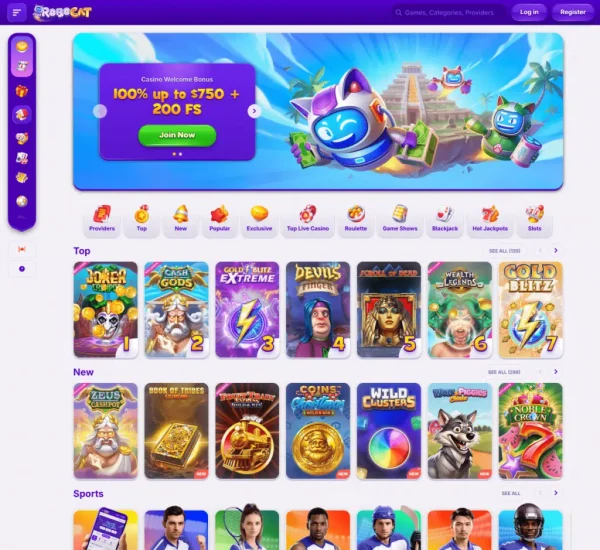 RoboCat Casino főoldala asztali nézetben a játékkategóriákkal