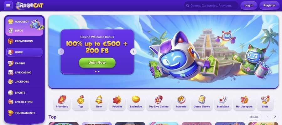 A RoboCat Casino magyar nyelvű főoldala asztali nézetben