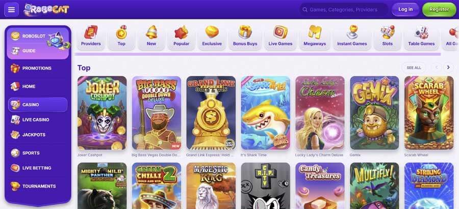 RoboCat Casino játékok katalógusa nyerőgépekkel és élő osztós játékokkal