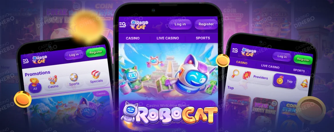RoboCat Casino mobil alkalmazás felülete okostelefonon