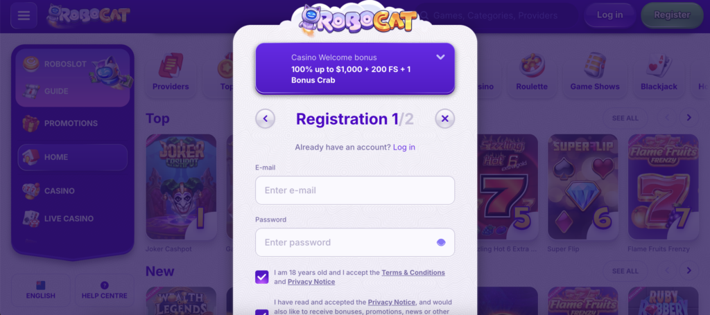 RoboCat Casino regisztrációs űrlap kitöltési mezőkkel a hivatalos oldalon