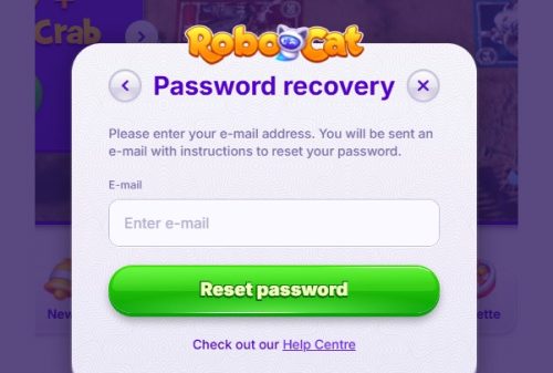 RoboCat jelszó visszaállítási funkció e-mail mezővel a bejelentkezési oldalon